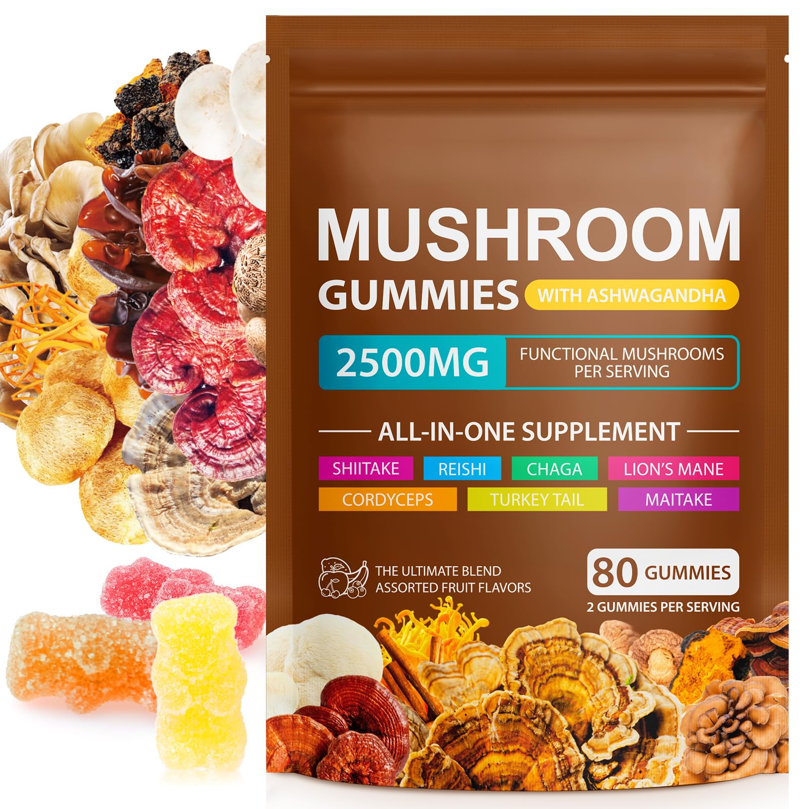 Front view of Generic Mushroom Blend Gummies 80 count bag