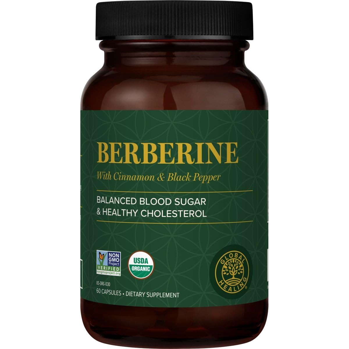 Front view of Global Healing Center Berberine 1200mg capsules bottle