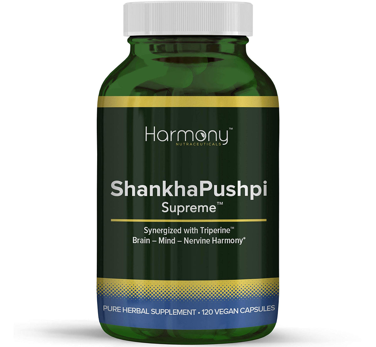 Front view of Harmony Nutraceuticals ShankhaPushpi Vegan Capsules bottle