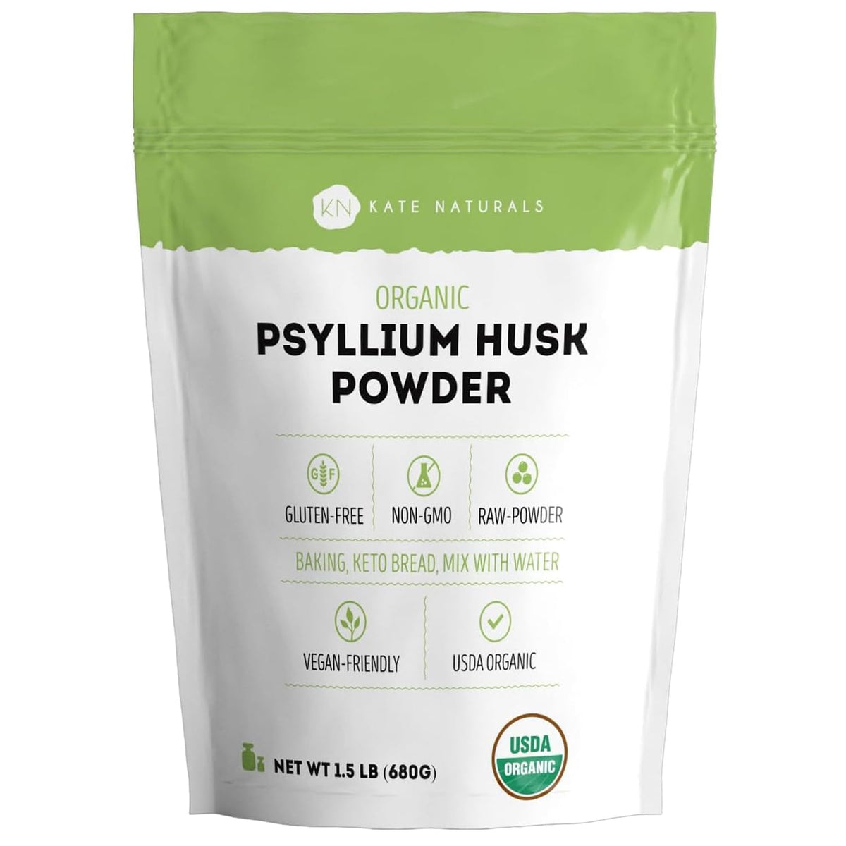 Front view of Kate Naturals Organic Psyllium Husk Powder 649g packaging