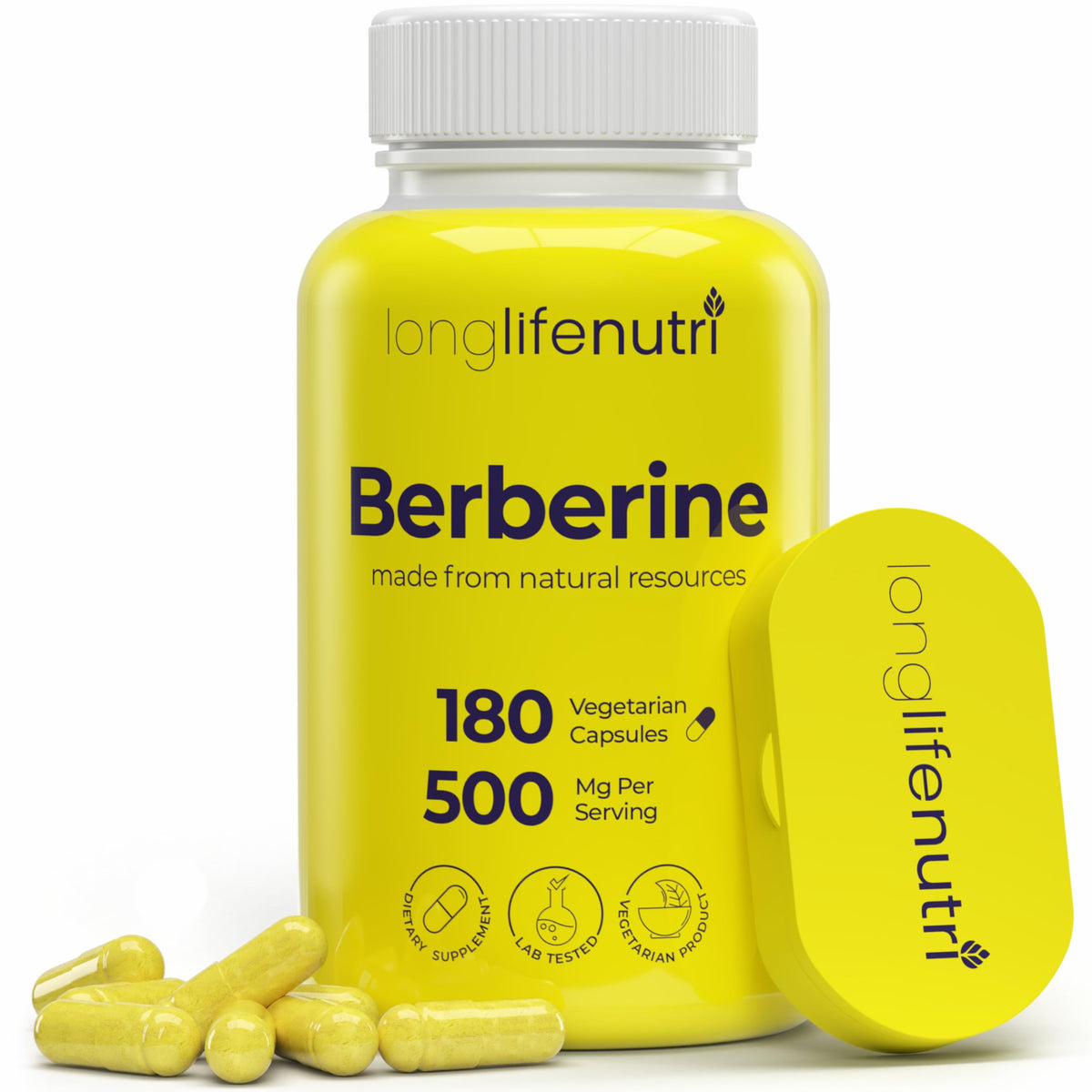 Front view of LongLifeNutri Berberine HCL 500mg Capsules bottle
