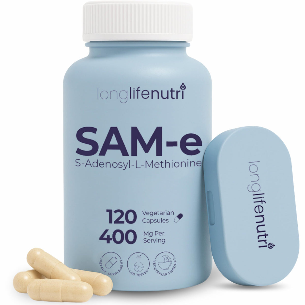 Front view of LongLifeNutri SAM-e 400mg supplement bottle with 120 capsules