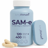 Front view of LongLifeNutri SAM-e 400mg supplement bottle with 120 capsules