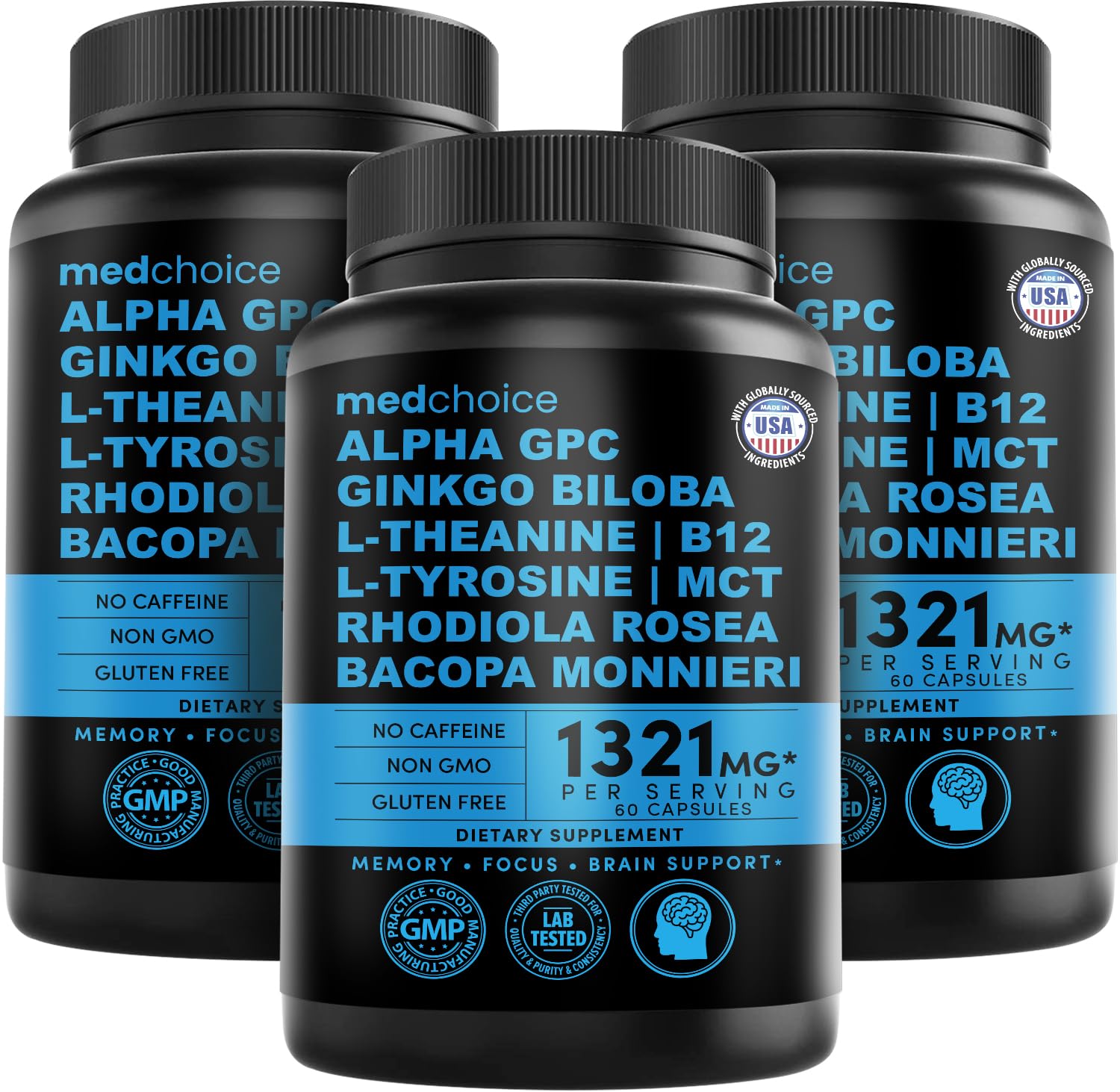 Front view of MEDCHOICE Nootropic Brain Support Supplement 60 capsules