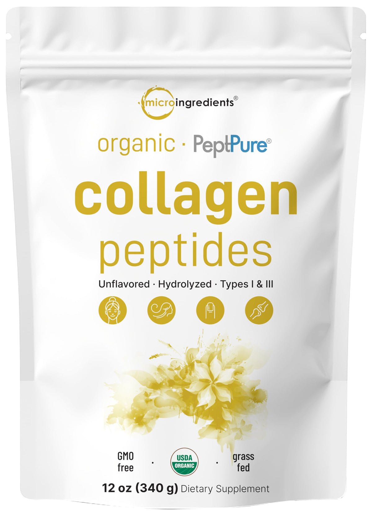 Front view of Micro Ingredients Organic Bovine Collagen Peptide Powder 340g pouch