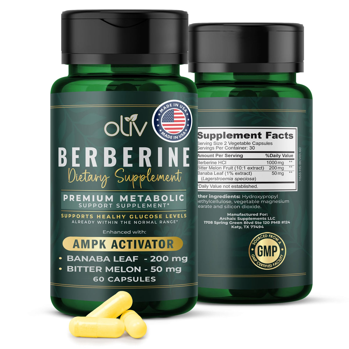 Front view of oliv Berberine Supplement 1250 mg bottle