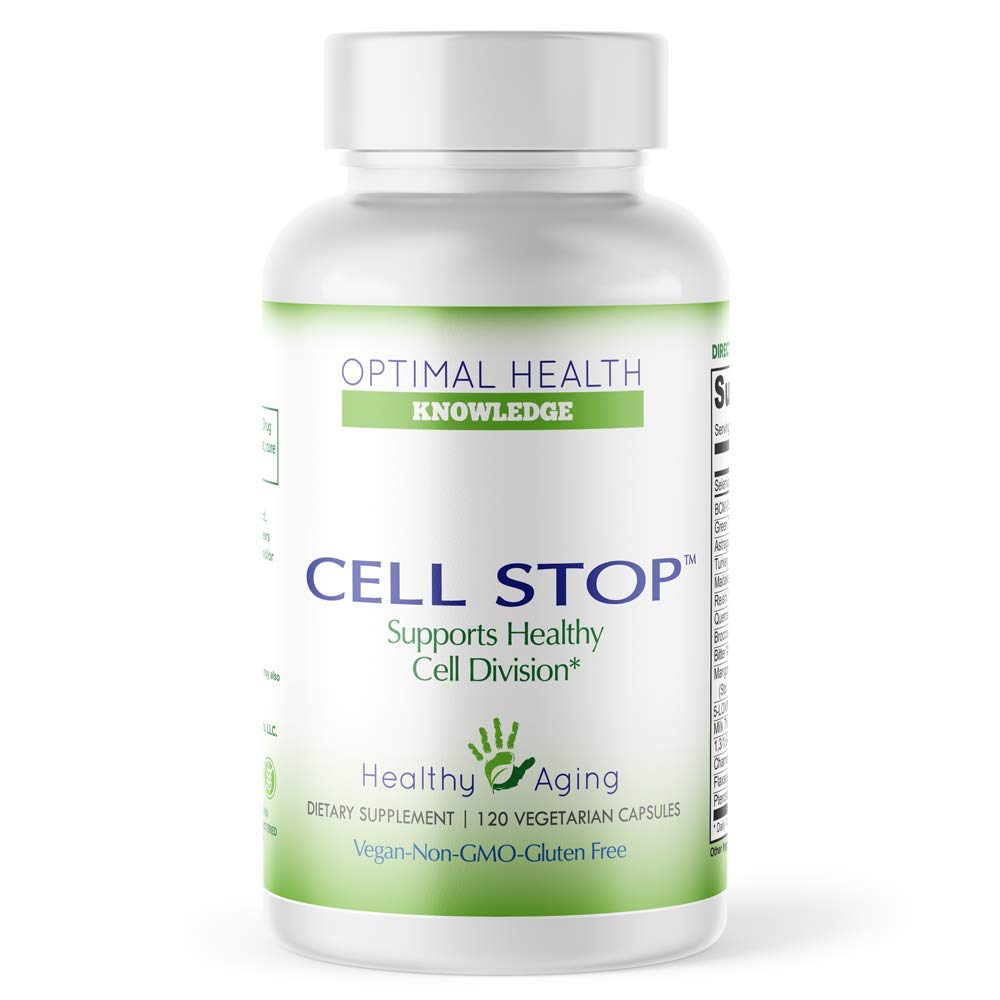 Front view of Optimal Health Knowledge Cell Stop 136g supplement bottle