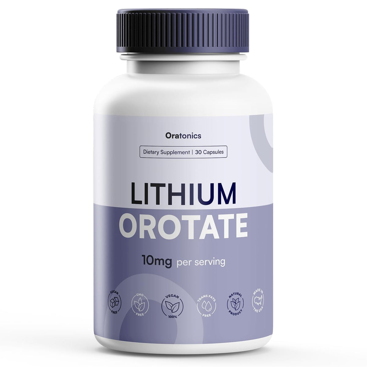 Front view of ORATONICS Lithium Orotate 10mg supplement bottle