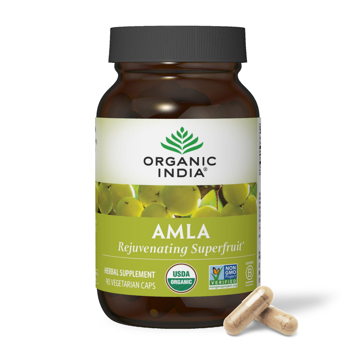 Front view of ORGANIC INDIA Amalaki Capsules bottle