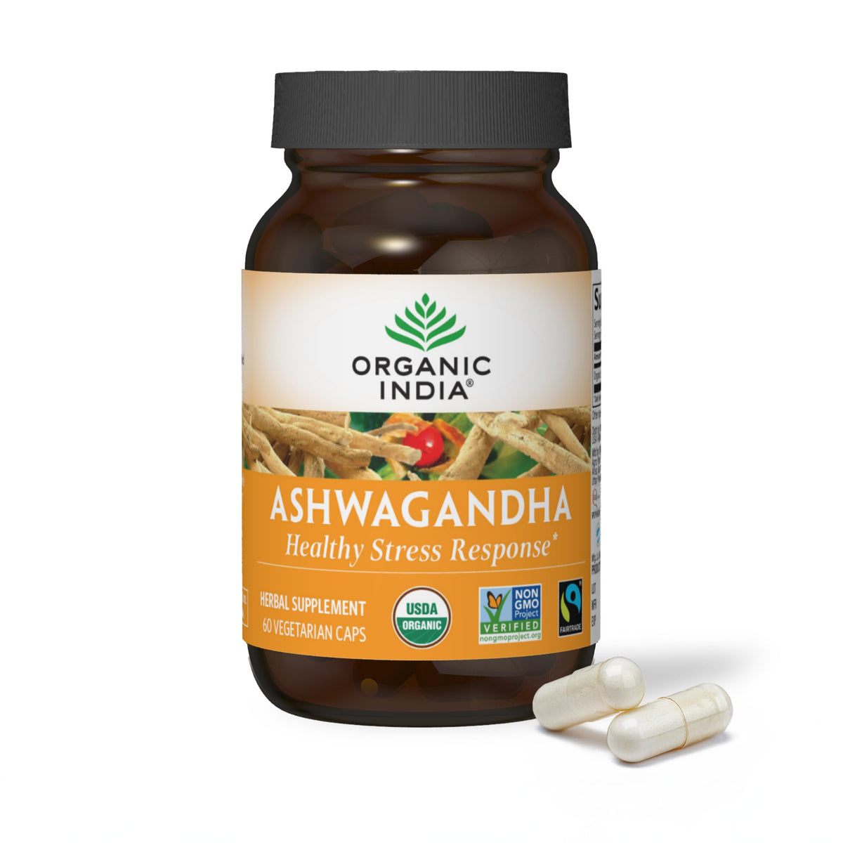 Front view of ORGANIC INDIA Ashwagandha Capsules 60 Count bottle