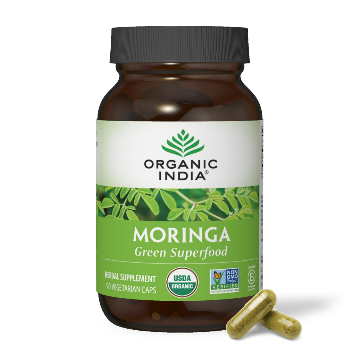 Front view of ORGANIC INDIA Moringa Oleifera Herbal Supplement 160g packaging