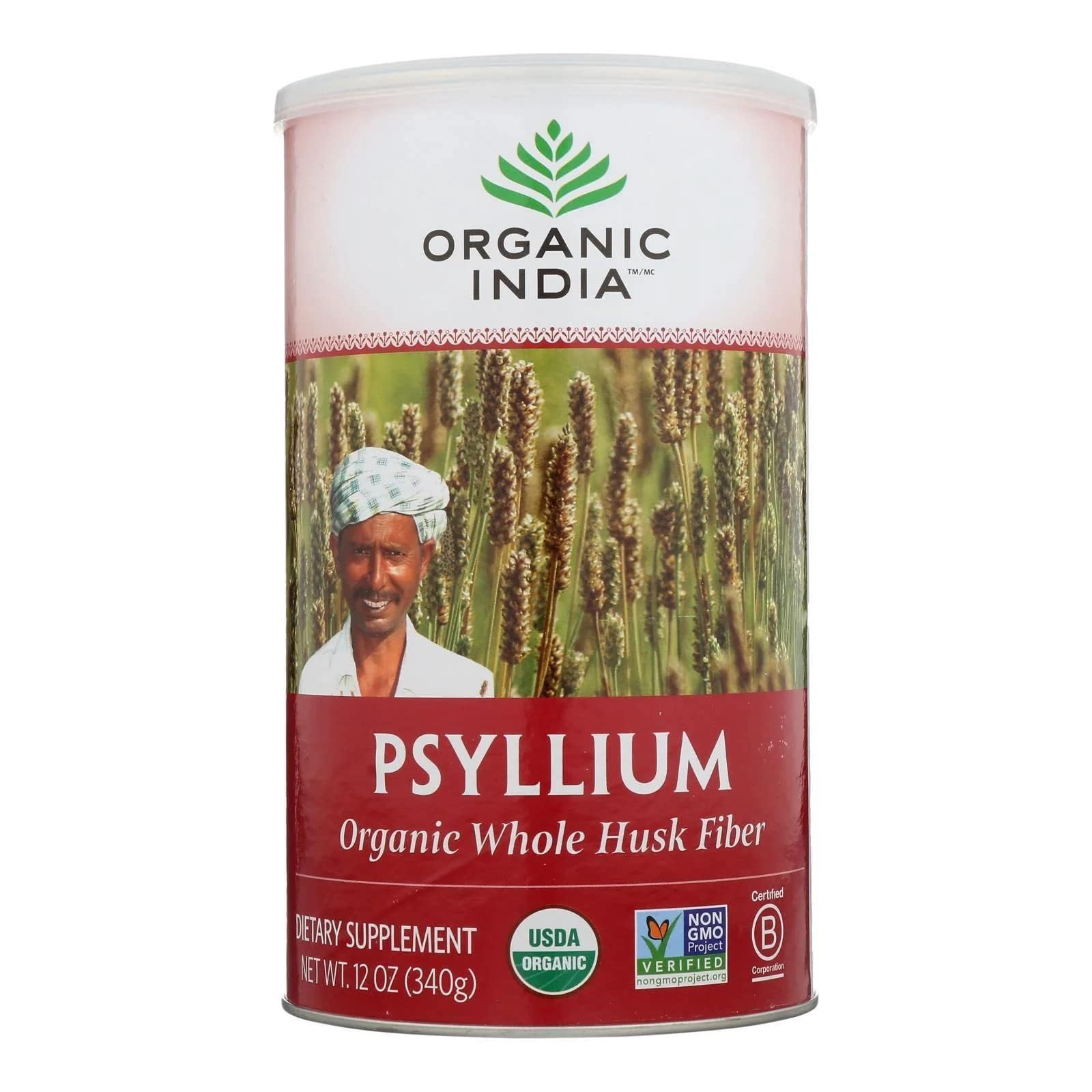 Front view of ORGANIC INDIA Whole Husk Psyllium 12 Oz packaging