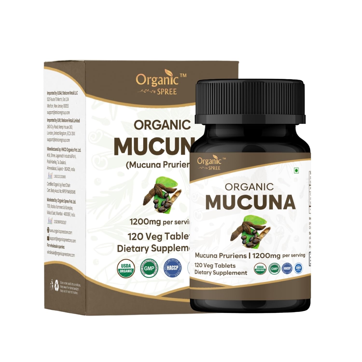Front view of ORGANIC SPREE Mucuna Pruriens Tablets 100g packaging