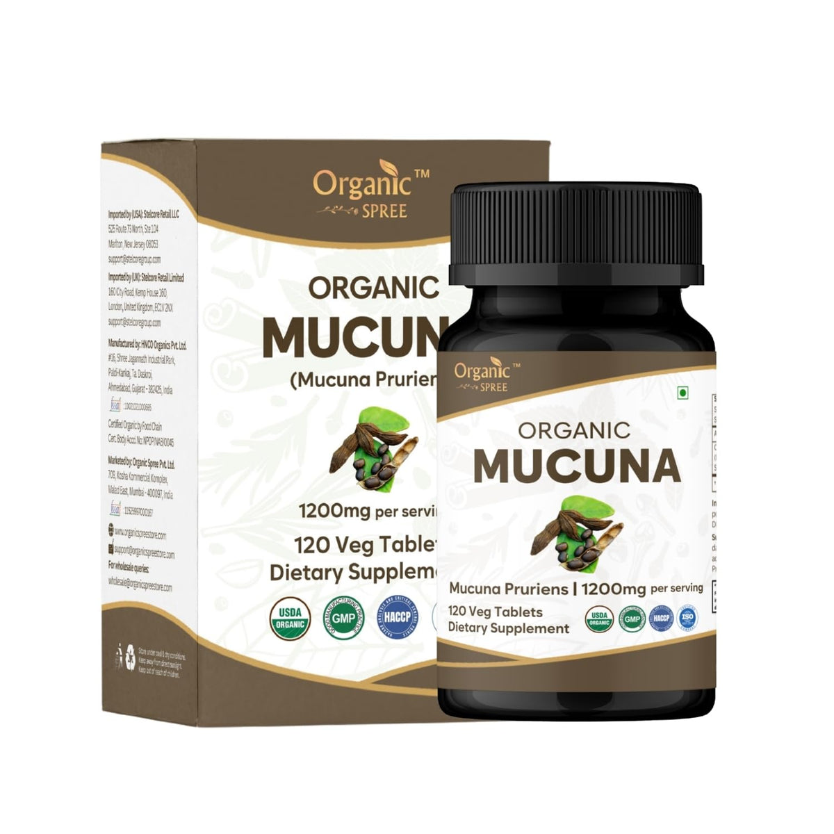 Front view of ORGANIC SPREE Mucuna Pruriens Tablets 100g packaging