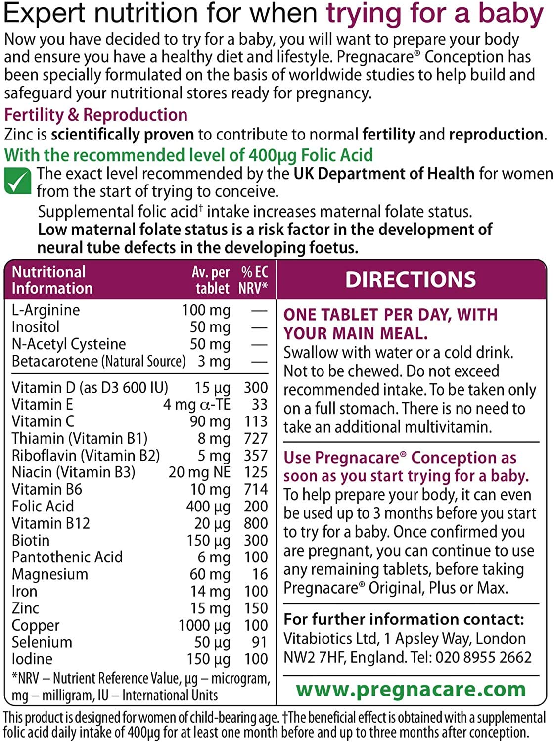 Front view of Pregnacare Conception packaging displaying tablets and capsules