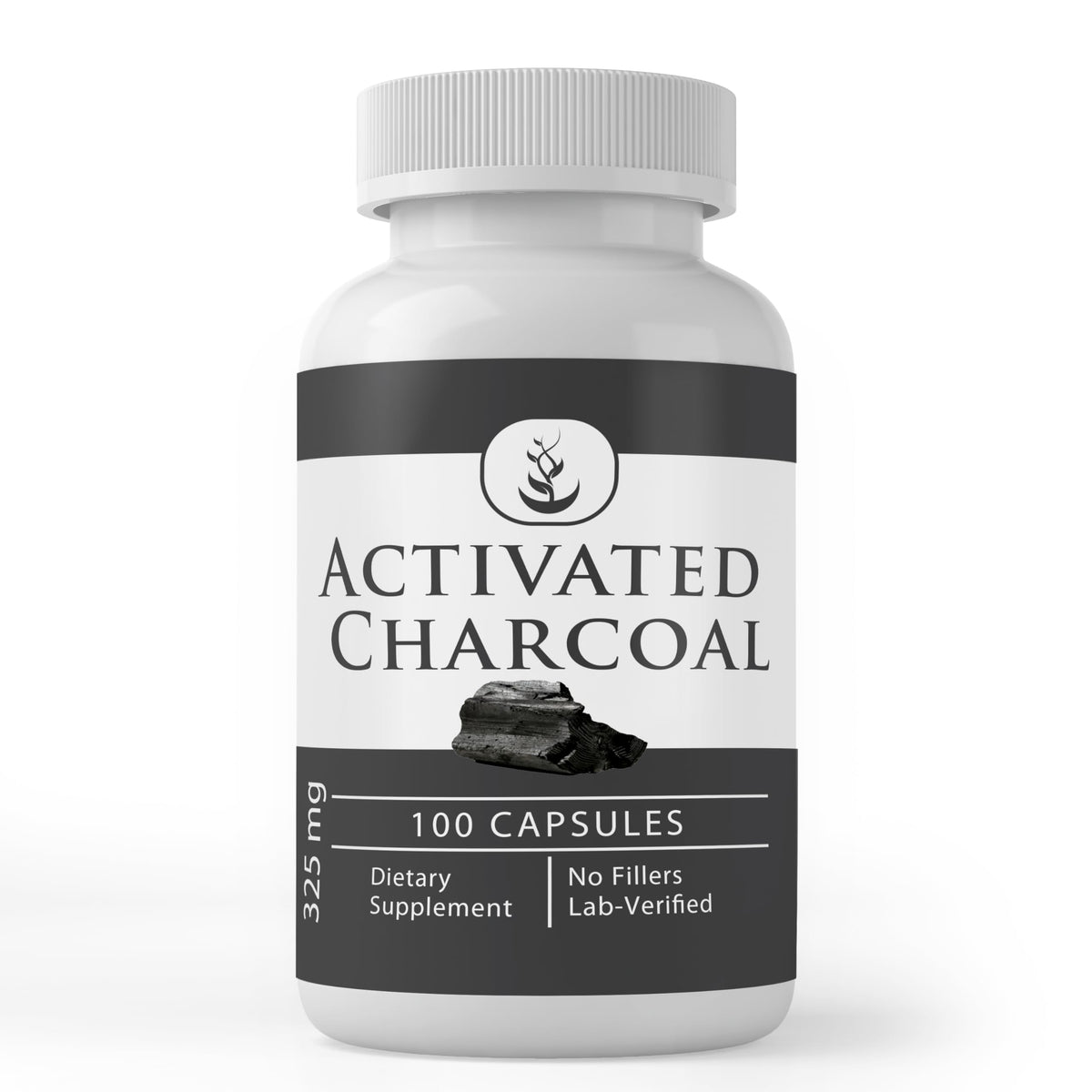 Front view of PURE Activated Charcoal Capsules bottle