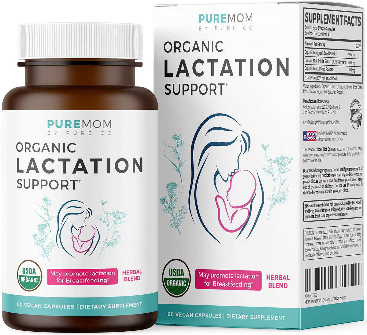 Front view of PURE CO Milk Thistle Lactation Support Supplement bottle