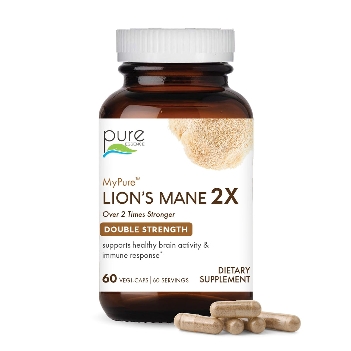 Front view of PURE ESSENCE LABS Lion's Mane Mushroom Extract 500mg bottle