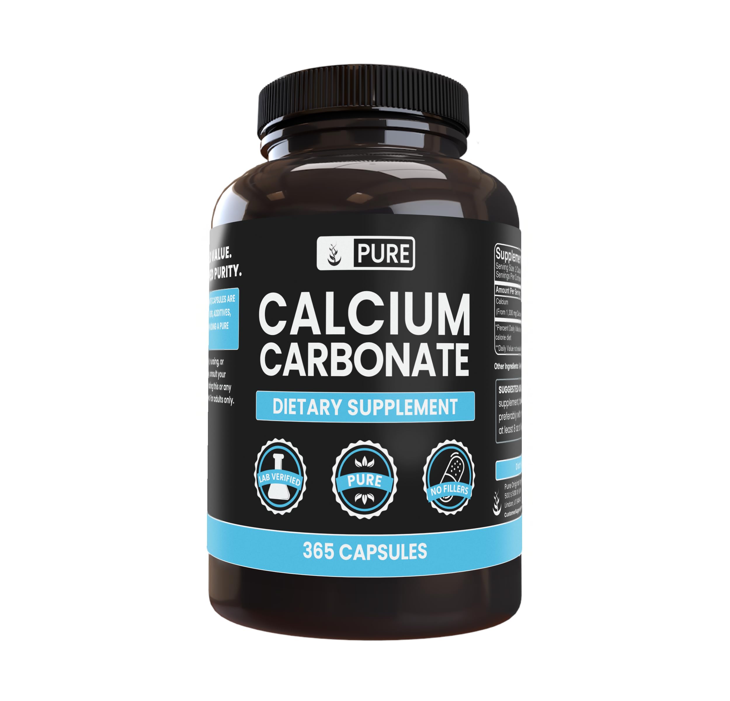 Front view of PURE ORIGINAL INGREDIENTS Calcium Carbonate Capsules packaging