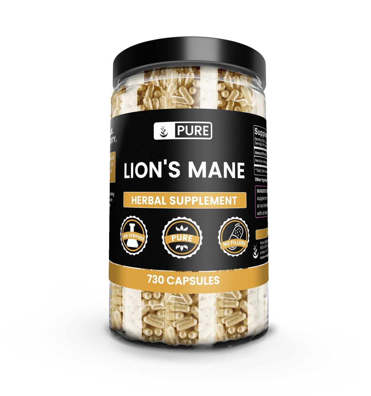 Front view of PURE ORIGINAL INGREDIENTS Lion's Mane Capsules packaging