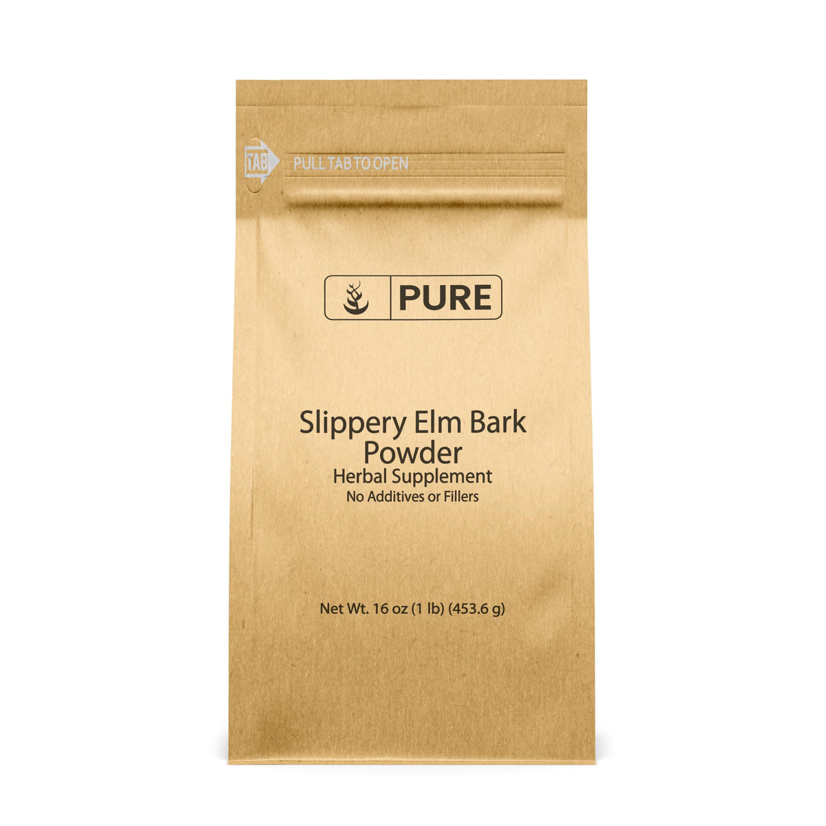 Front view of PURE ORIGINAL INGREDIENTS Slippery Elm Bark Powder 449g packaging