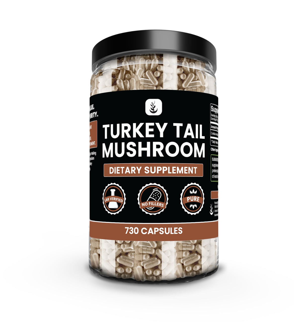 Front view of PURE ORIGINAL INGREDIENTS Turkey Tail Mushroom Capsules bottle
