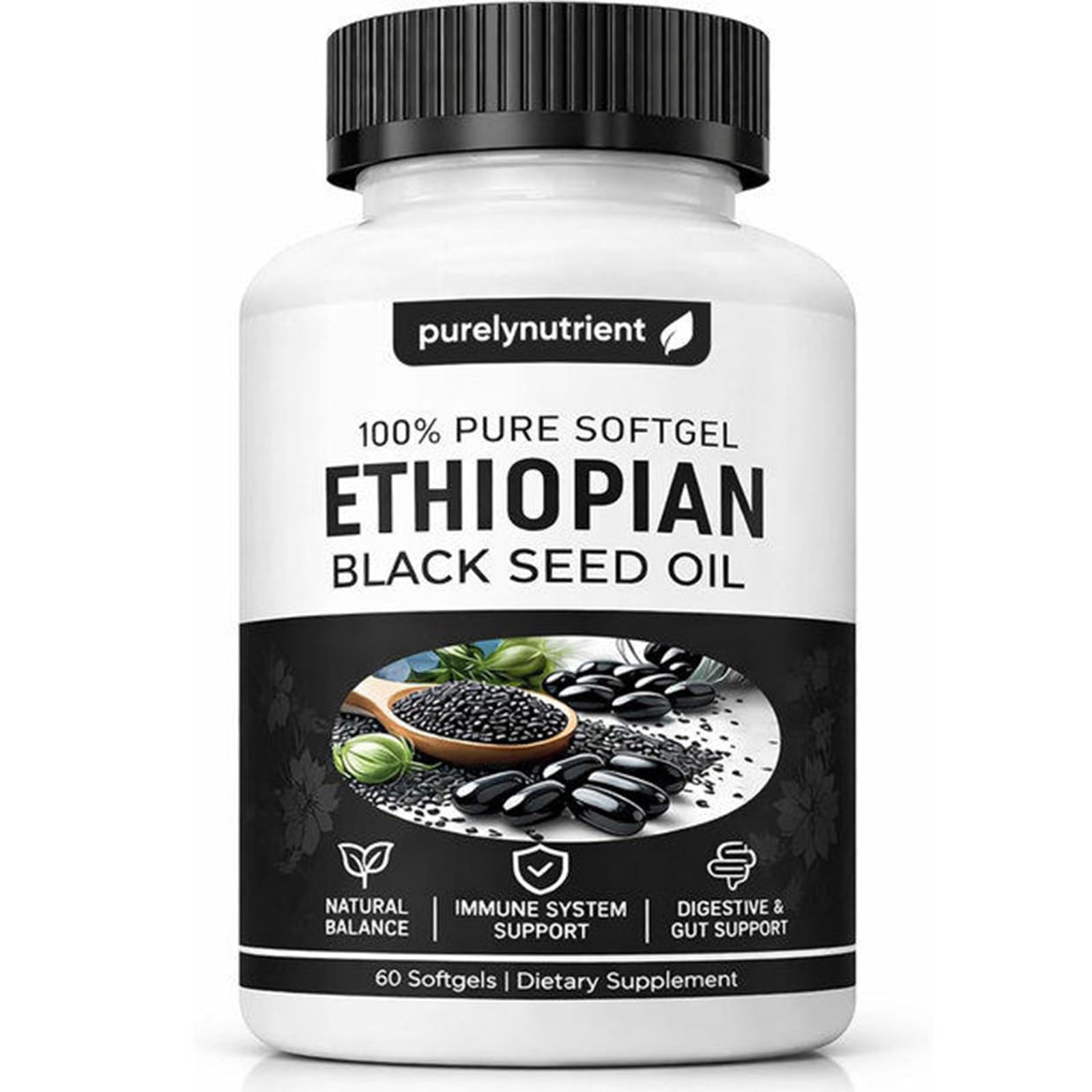 Front view of PURELYNUTRIENT Black Seed Oil Softgels 60 count