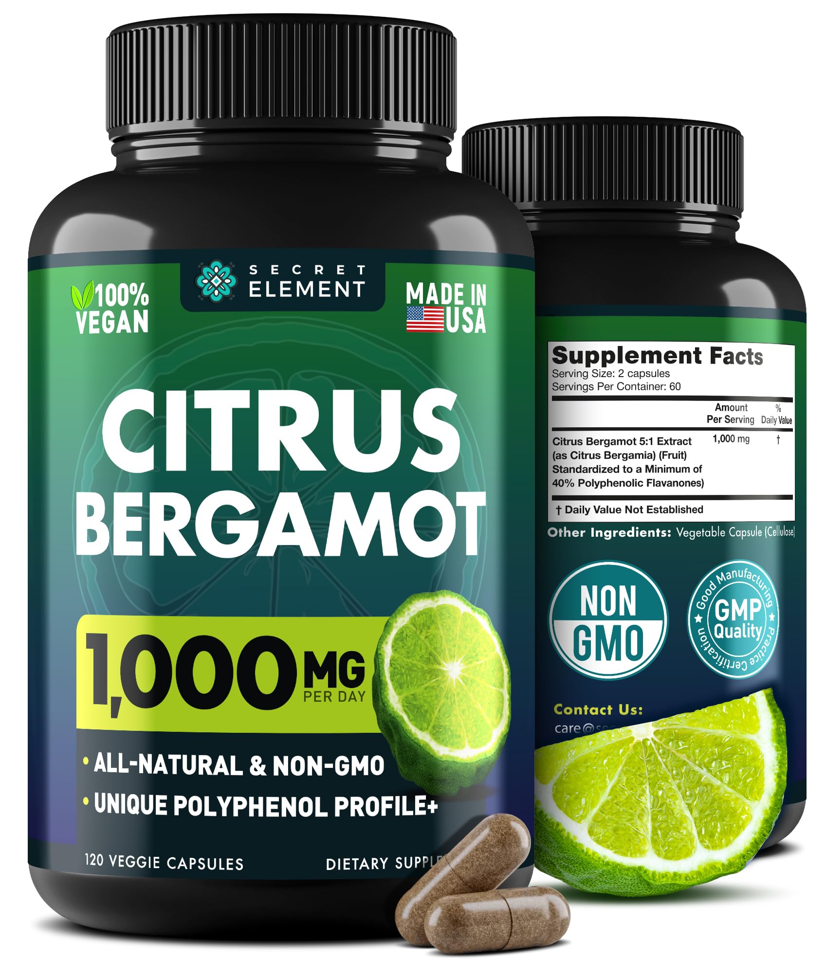 Front view of Secret Element Citrus Bergamot Capsules bottle