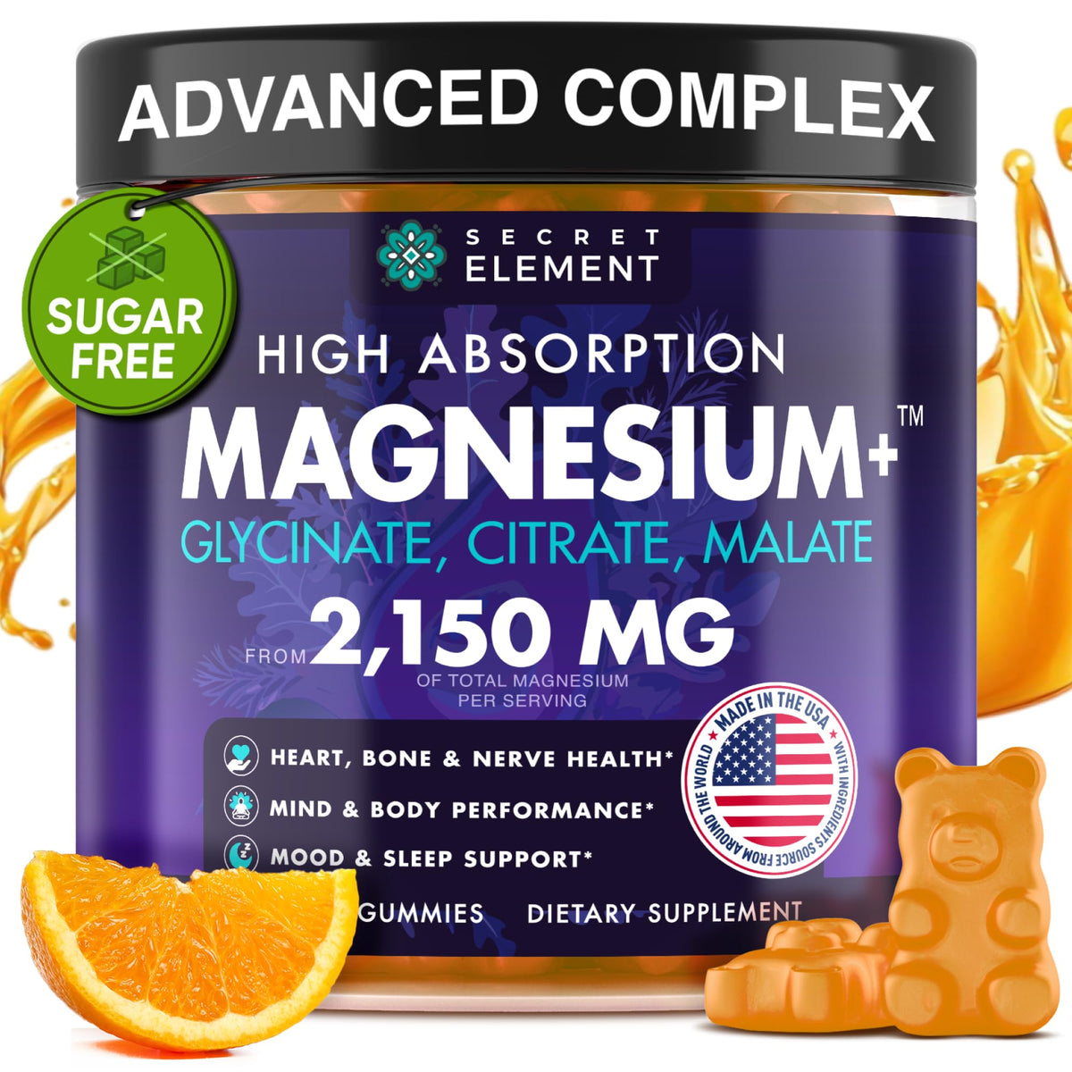 Front view of Secret Element Magnesium Gummies 200mg orange flavour
