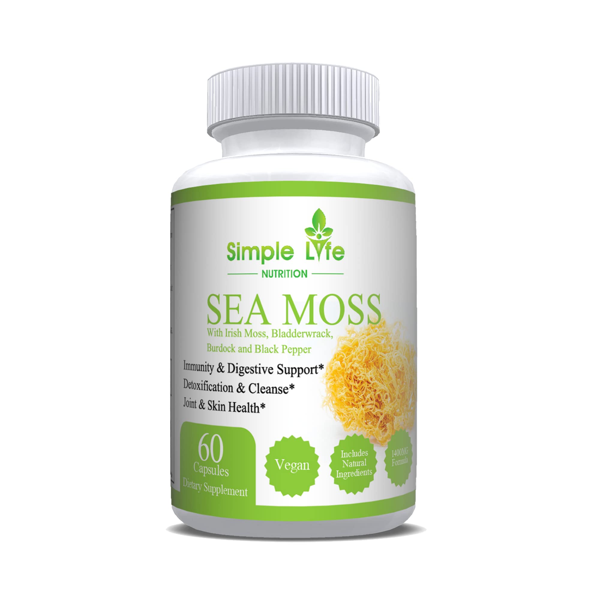 Front view of Simple Life Nutrition Irish Sea Moss Capsules bottle