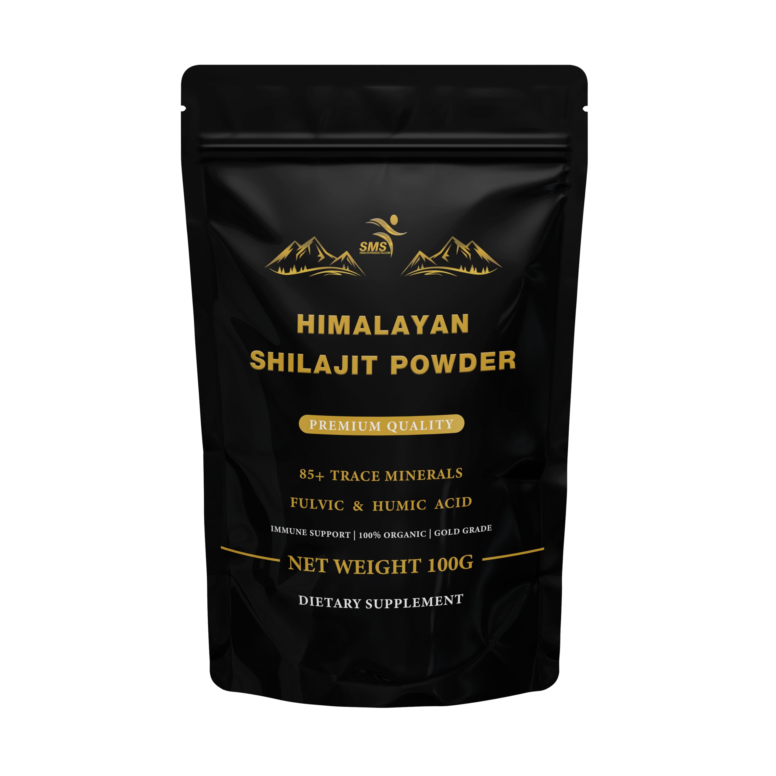 Front view of SMSHEALTHPRODUCTS.com Himalayan Shilajit Powder 100g pouch
