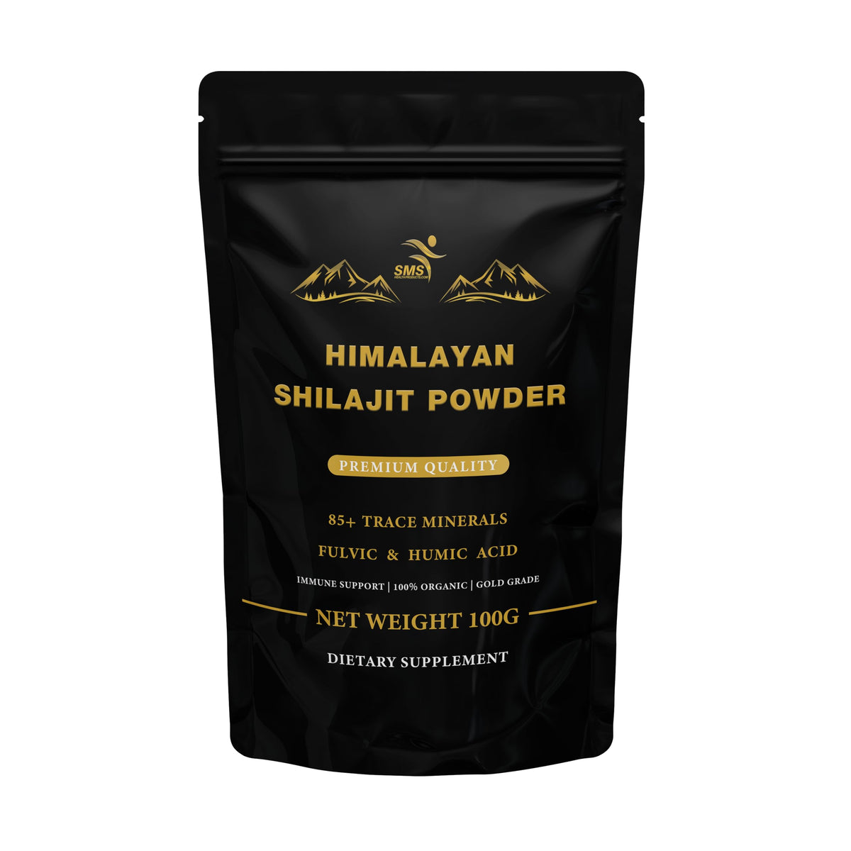 Front view of SMSHEALTHPRODUCTS.com Himalayan Shilajit Powder 100g pouch