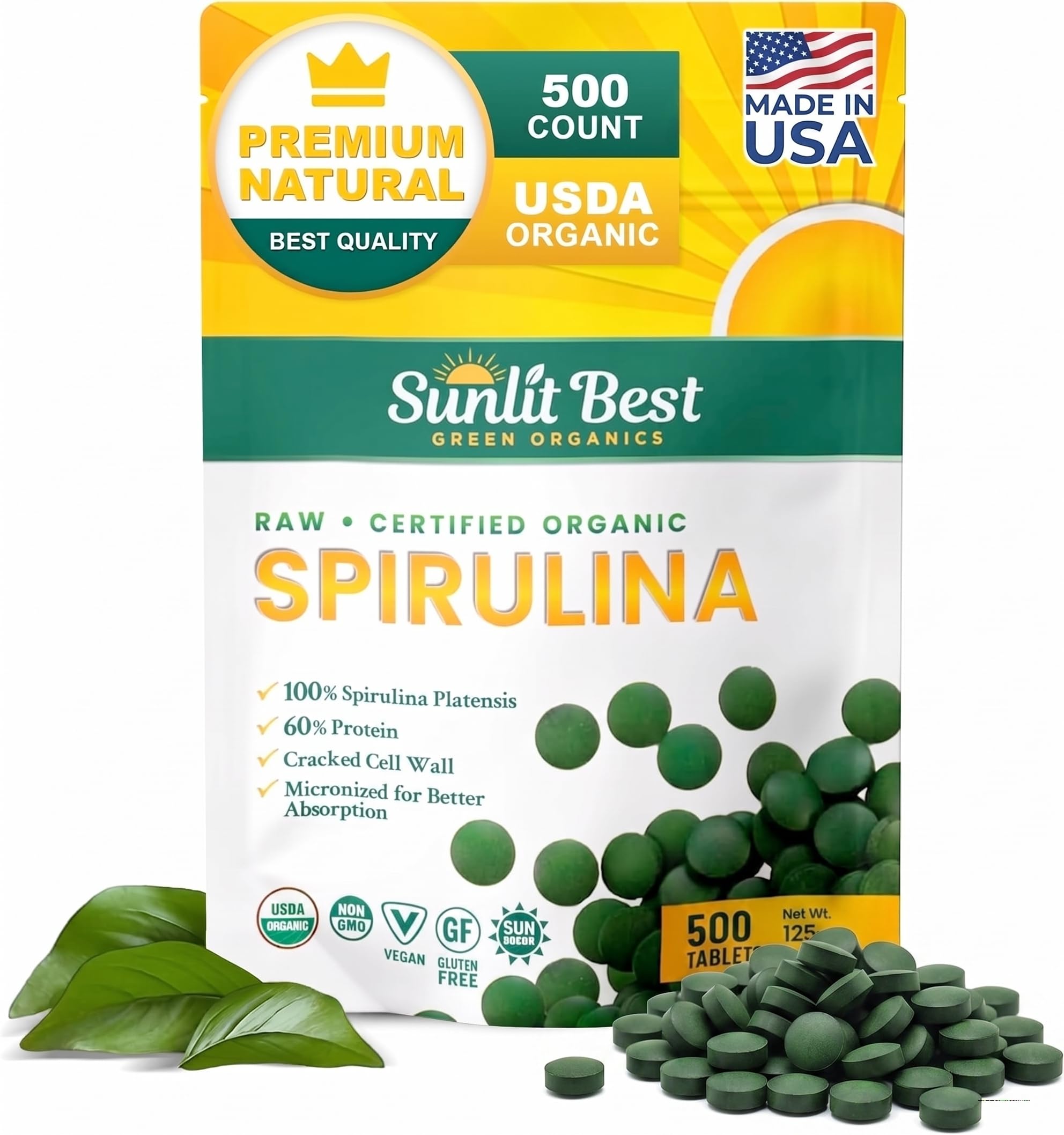 Front view of Sunlit Best Green Organics Spirulina Tablets 500 count