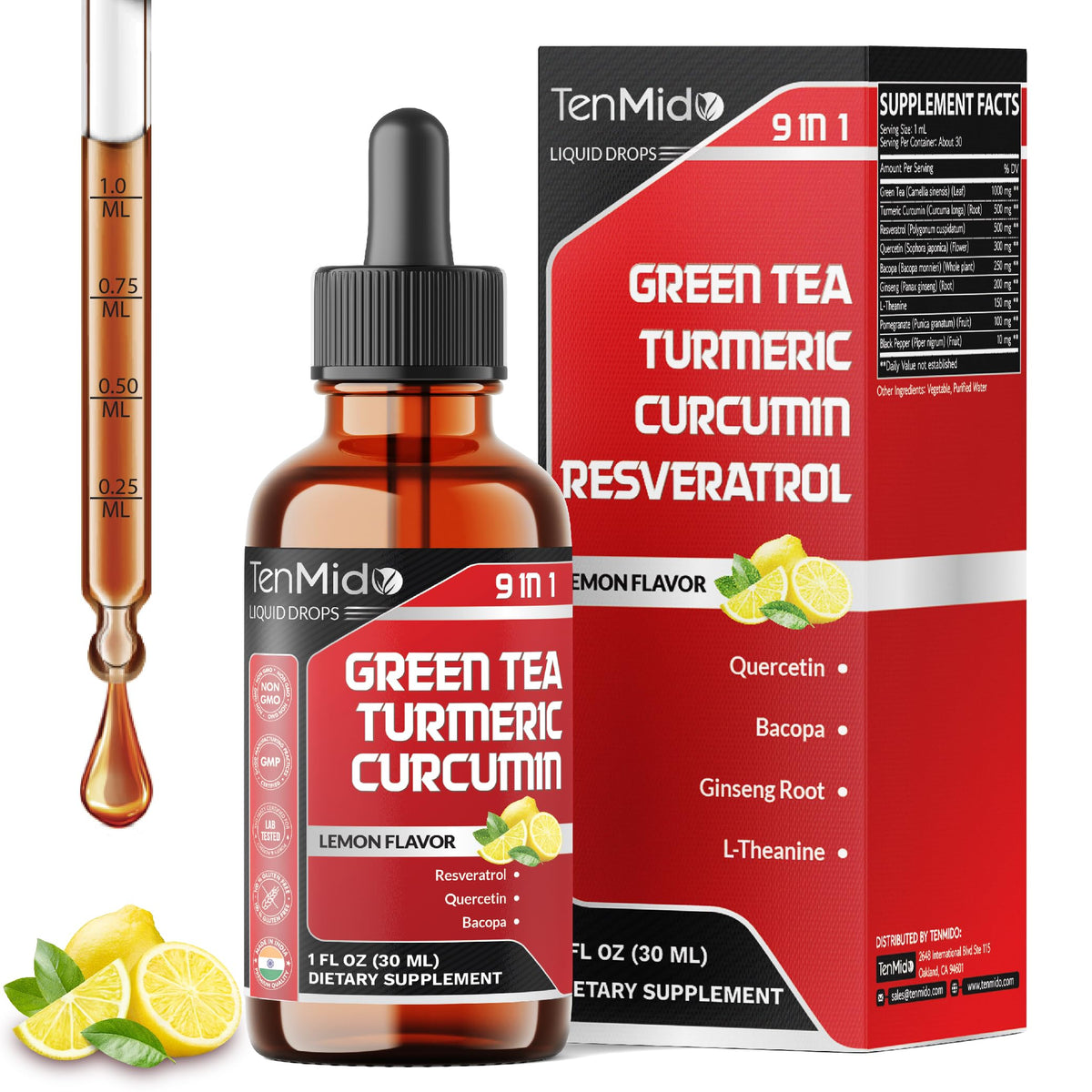 Front view of Tenmido Green Tea Extract Liquid Drops 30ml bottle
