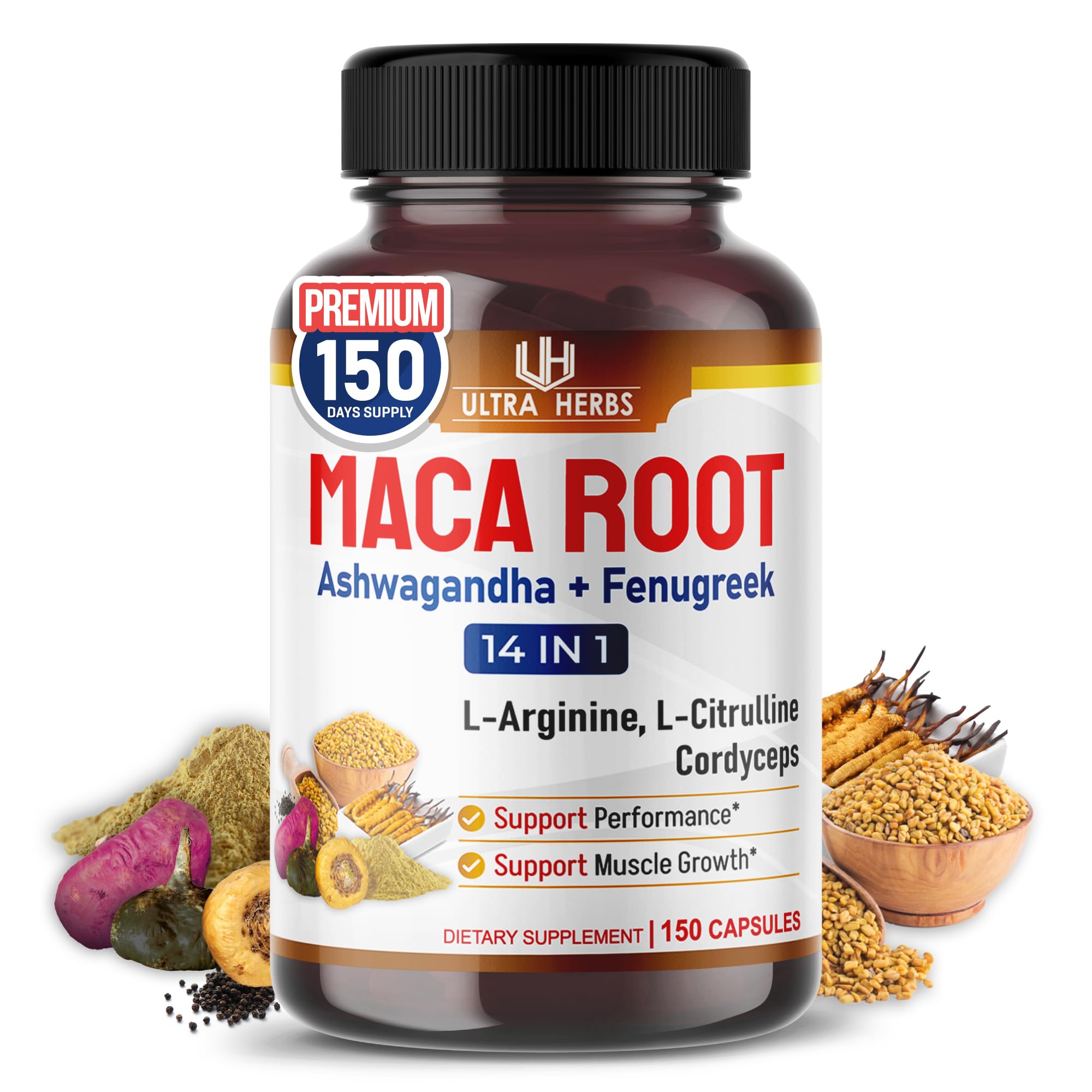 Front view of ULTRA HERBS Maca Root Supplement 132g bottle