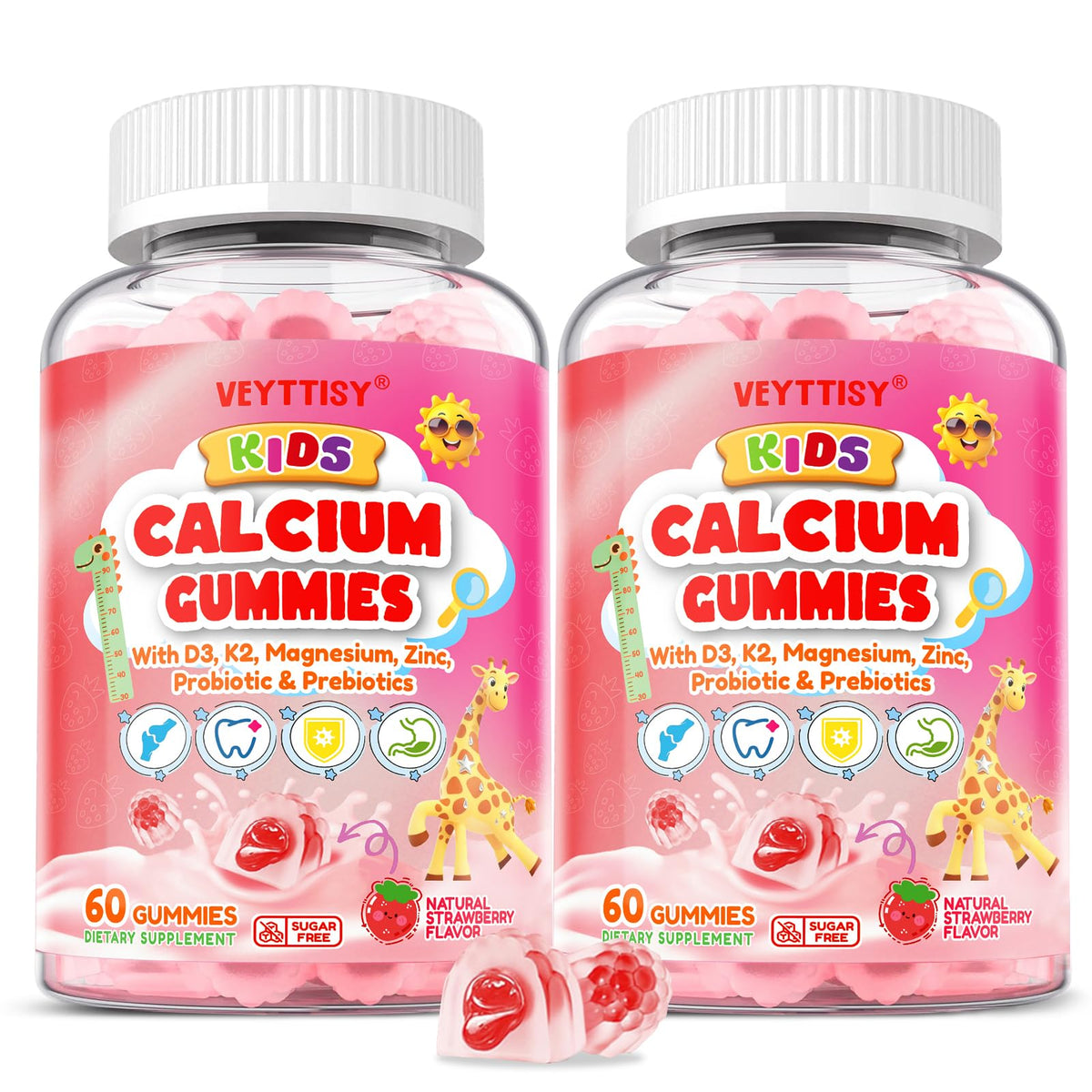 Front view of Veyttisy Kids Calcium Gummies packaging, strawberry flavour