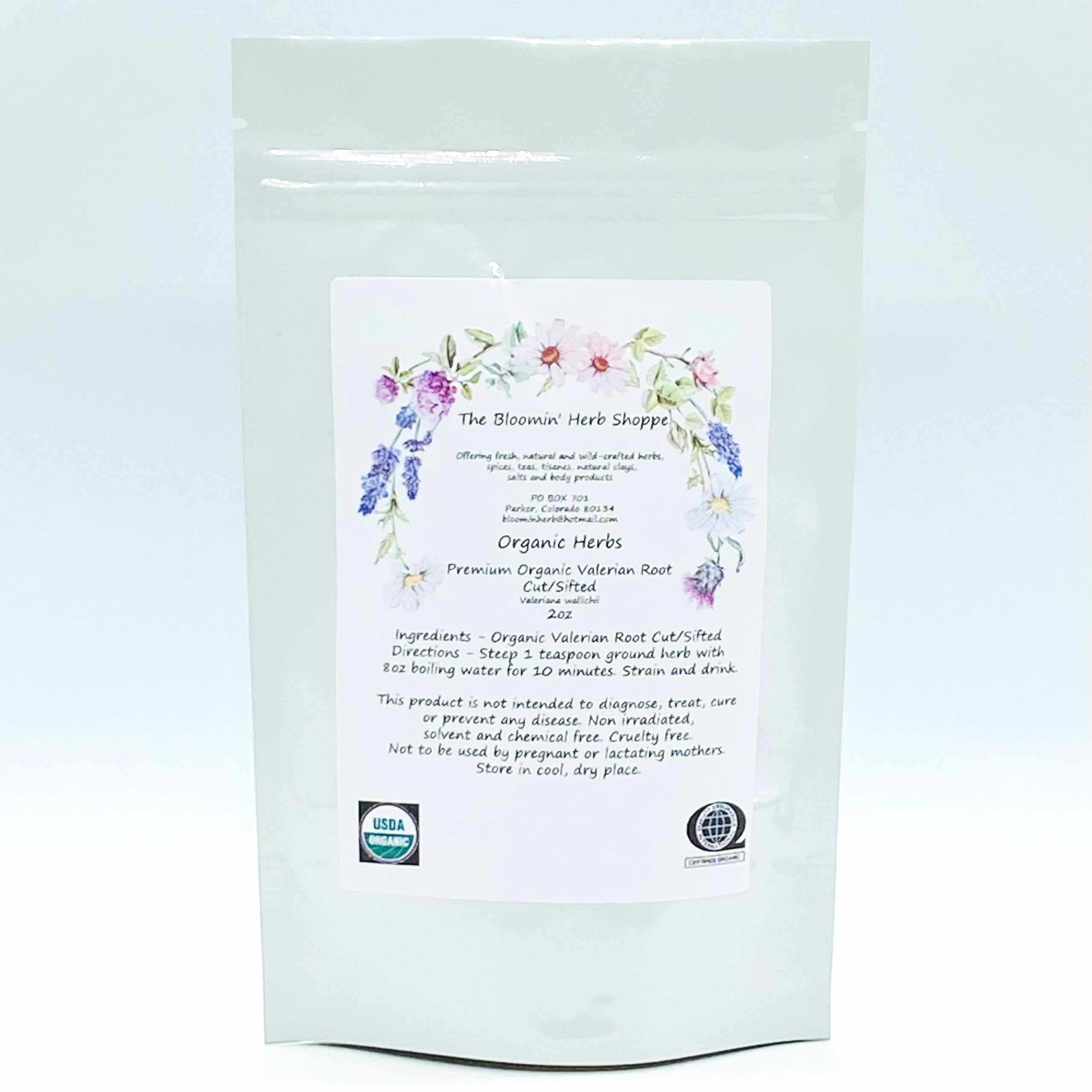 Front view of White Label Organic Valerian Root Cut 57g packaging