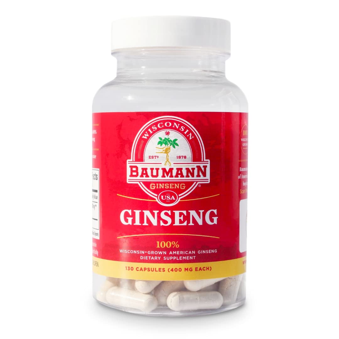 Front view of WISCONSIN ESTD 1978 BAUMANN GINSENG USA Ginseng Capsules 400mg