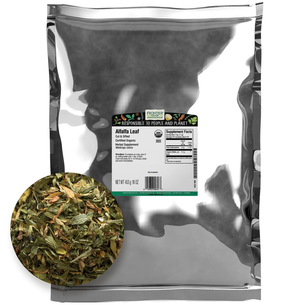 Frontier Co-op Organic Alfalfa Leaf 454g package front view