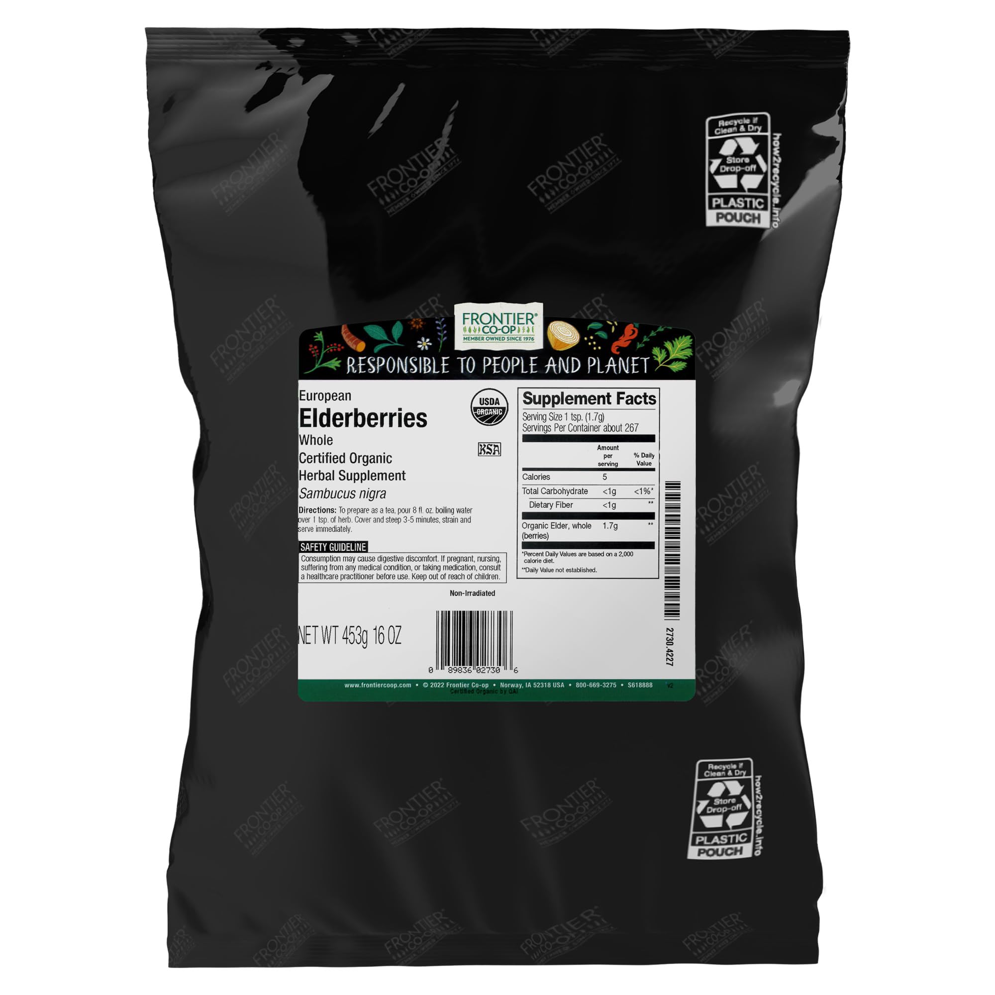 Frontier Co-op Organic Dried Elderberries 454g front view