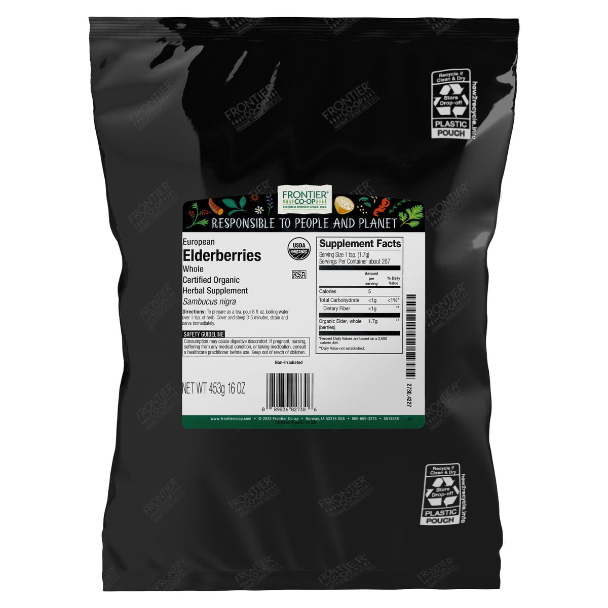 Frontier Co-op Organic Dried Elderberries 454g front view