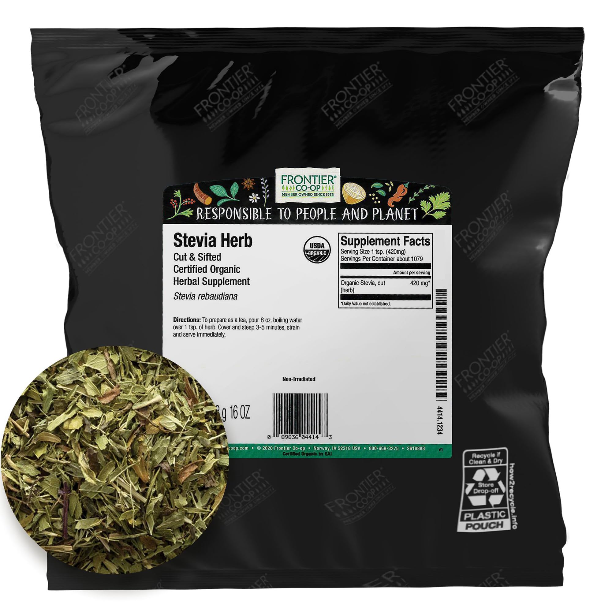 Frontier Co-op Organic Green Stevia Herb 454g front view