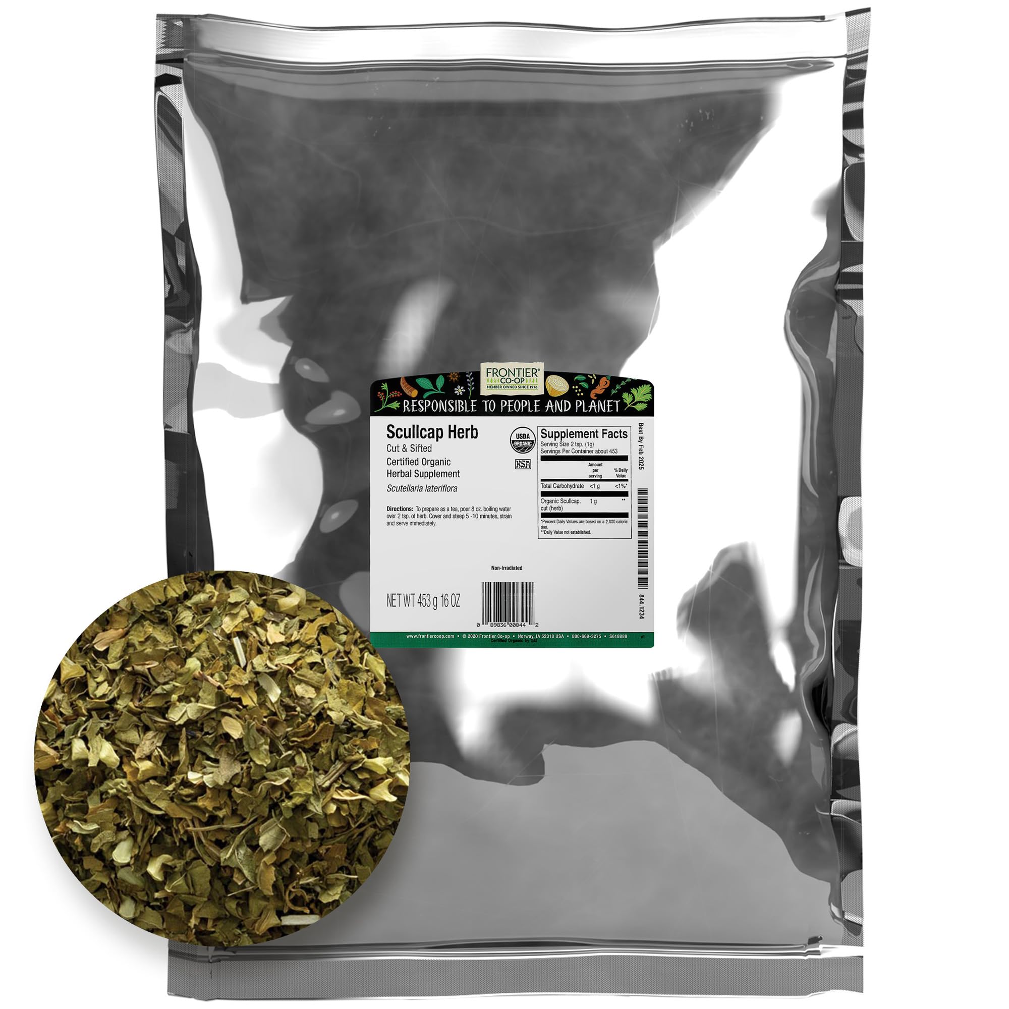 Frontier Co-op Organic Skullcap Leaf 454g package front view
