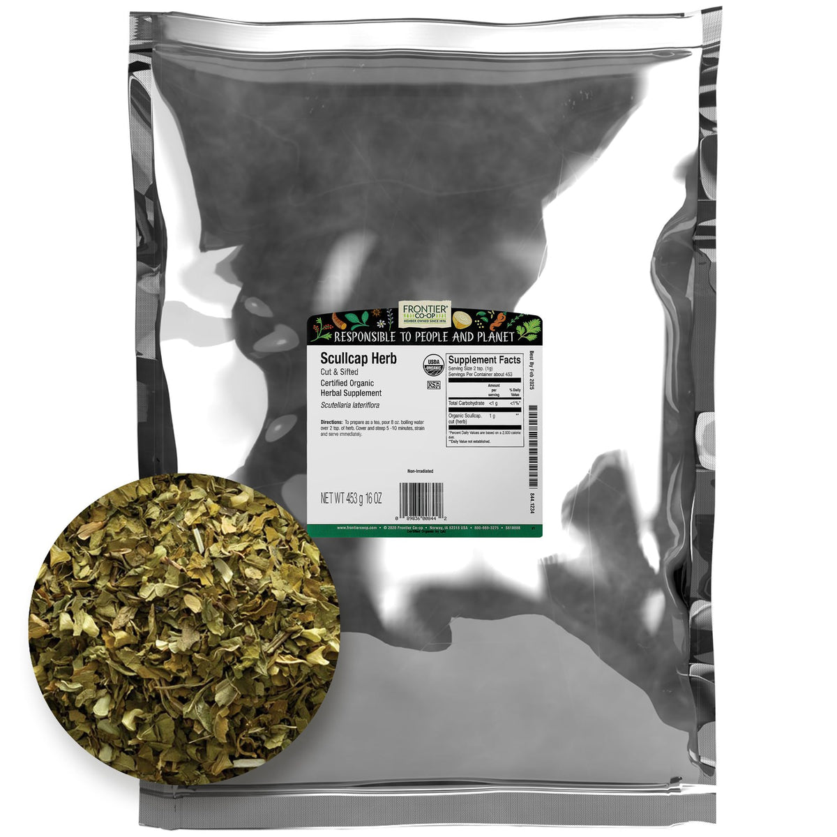 Frontier Co-op Organic Skullcap Leaf 454g package front view