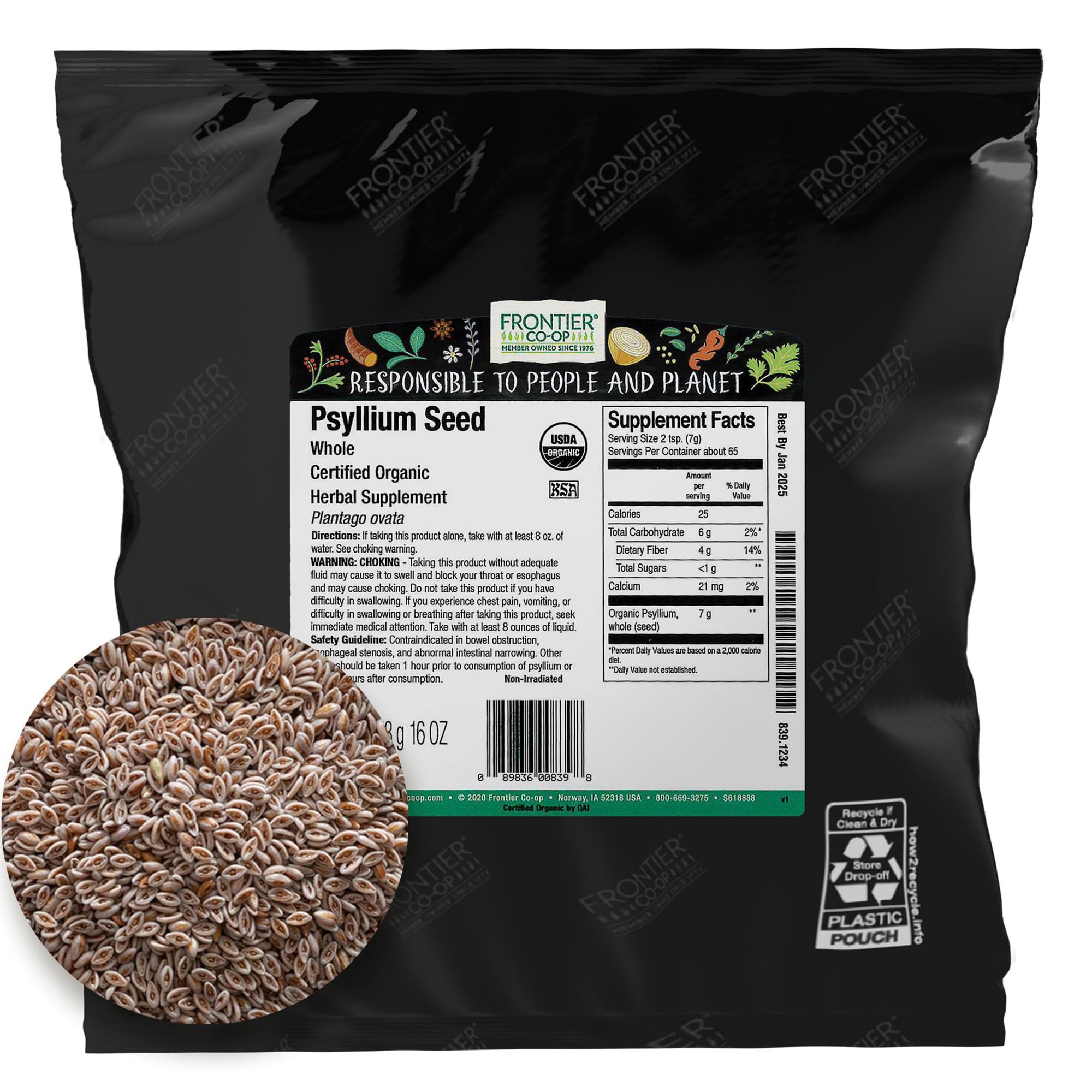 Frontier Co-op Psyllium Husk Organic 1lb bulk bag front view