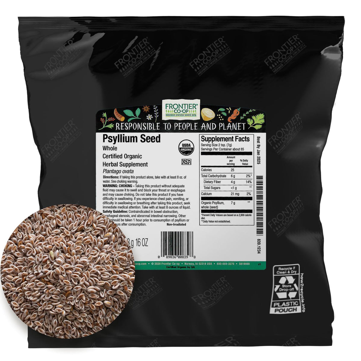 Frontier Co-op Psyllium Husk Organic 1lb bulk bag front view