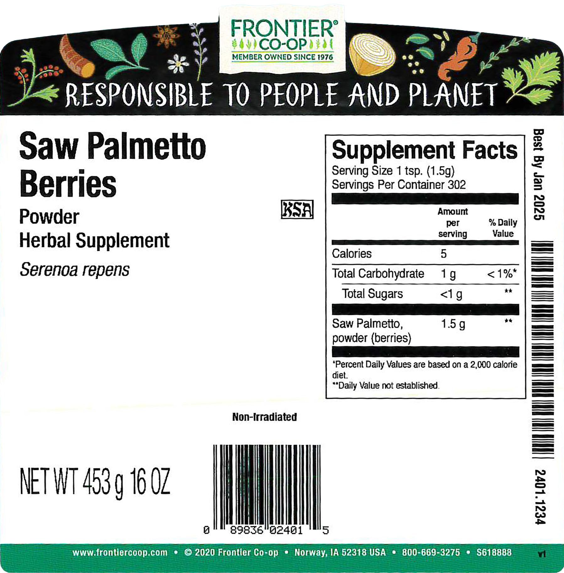 Frontier Co-op Saw Palmetto Berries Powder packaging details