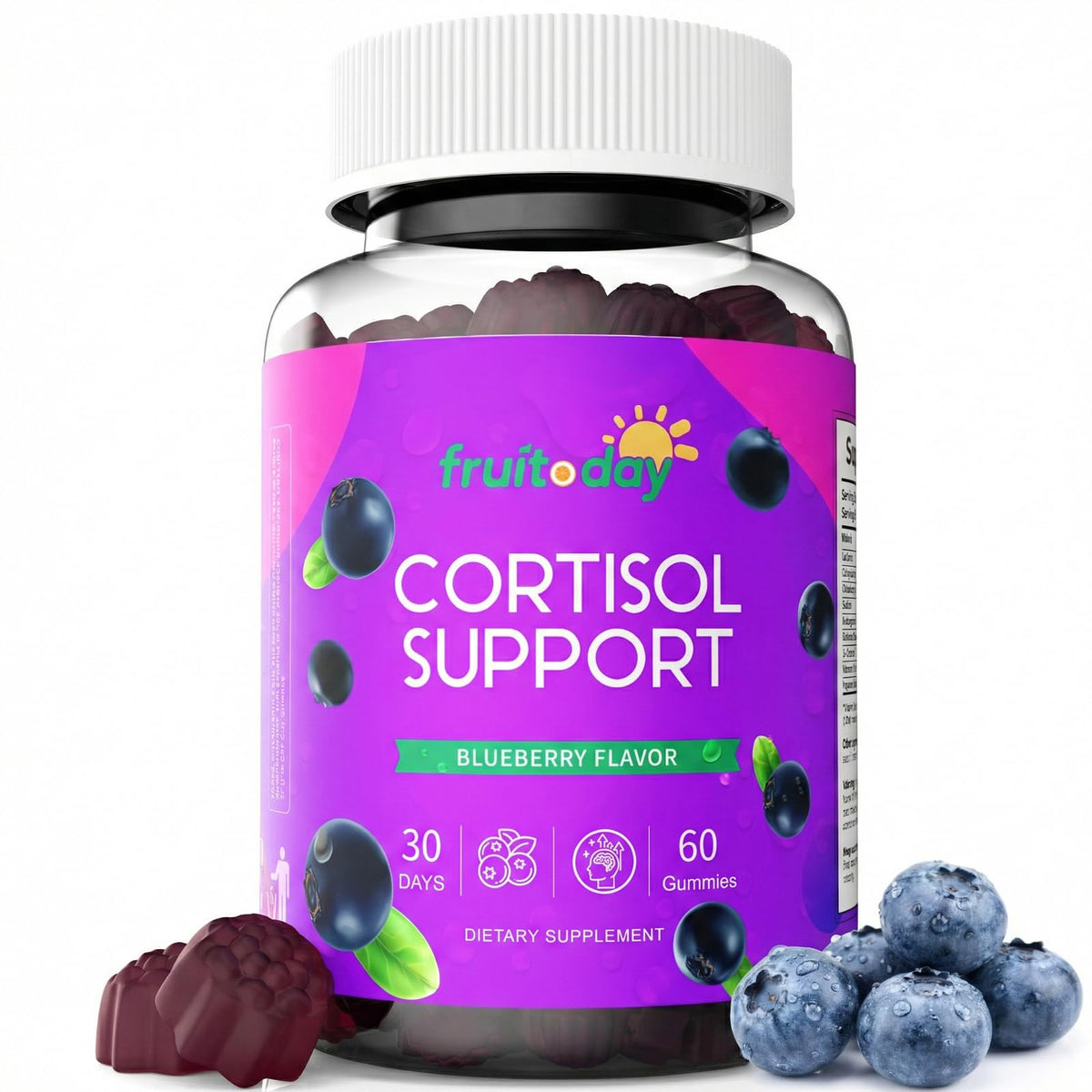 Fruitoday Cortisol Support Gummies front view, blueberry flavour