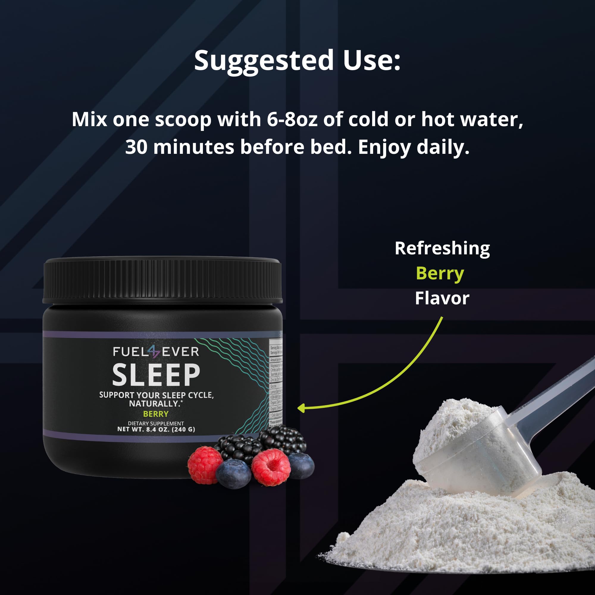 Fuel 4 Ever Sleep Berry Powder lifestyle scene with a nightstand