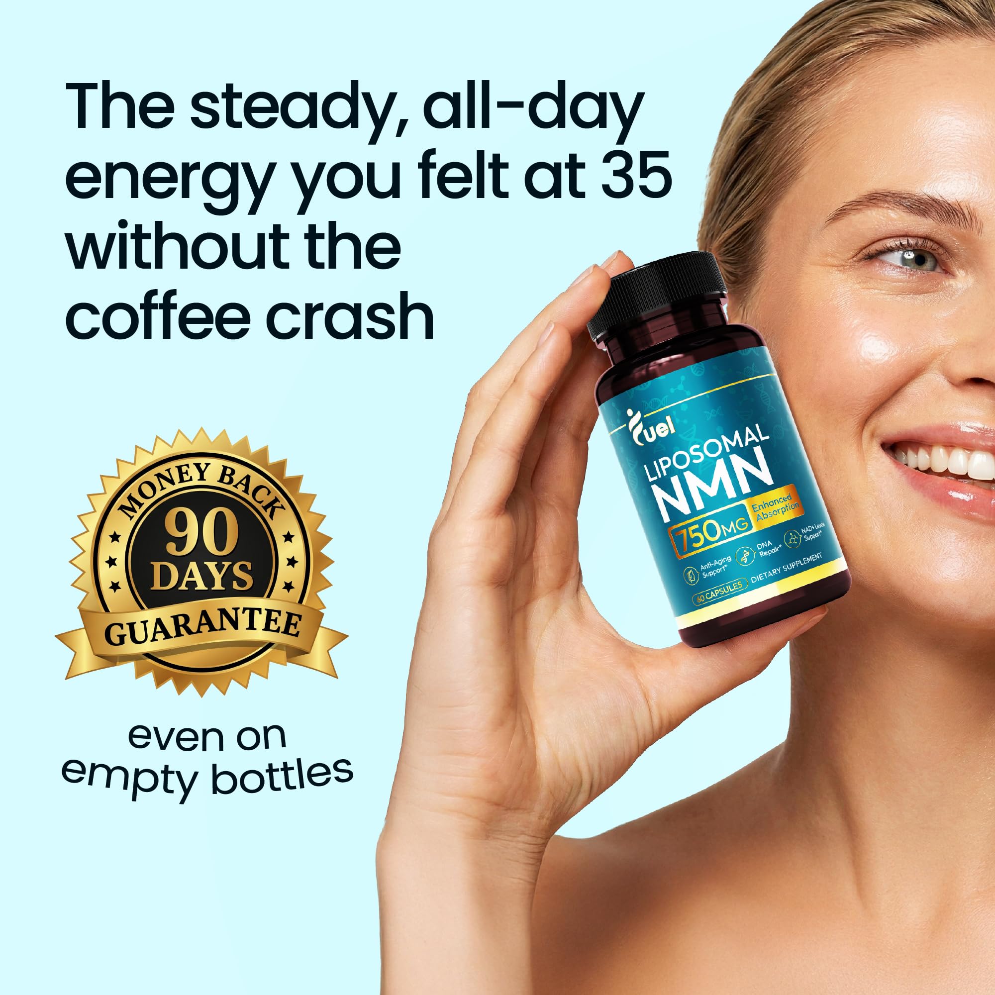 Fuel NMN Supplement 750mg Liposomal Delivery Capsules on a table
